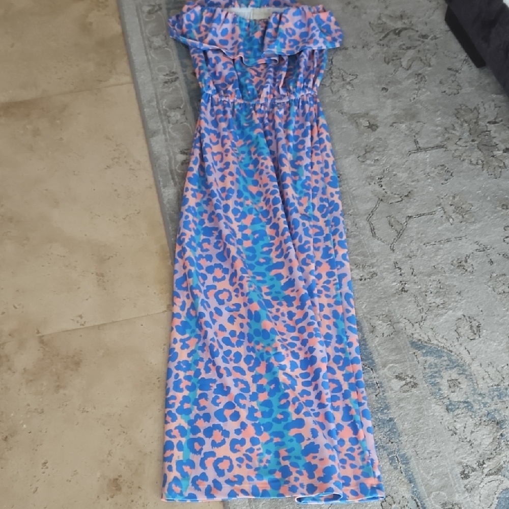 Chelsea Gunn Vibrant Blue and Pink Leopard Print Maxi Dress